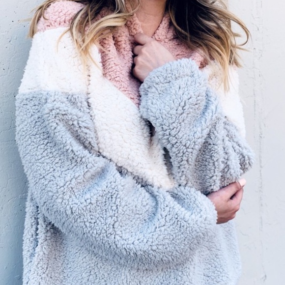 Sherpa Half-Zip Color Block Fleece Hoodie Top - Picture 3 of 7